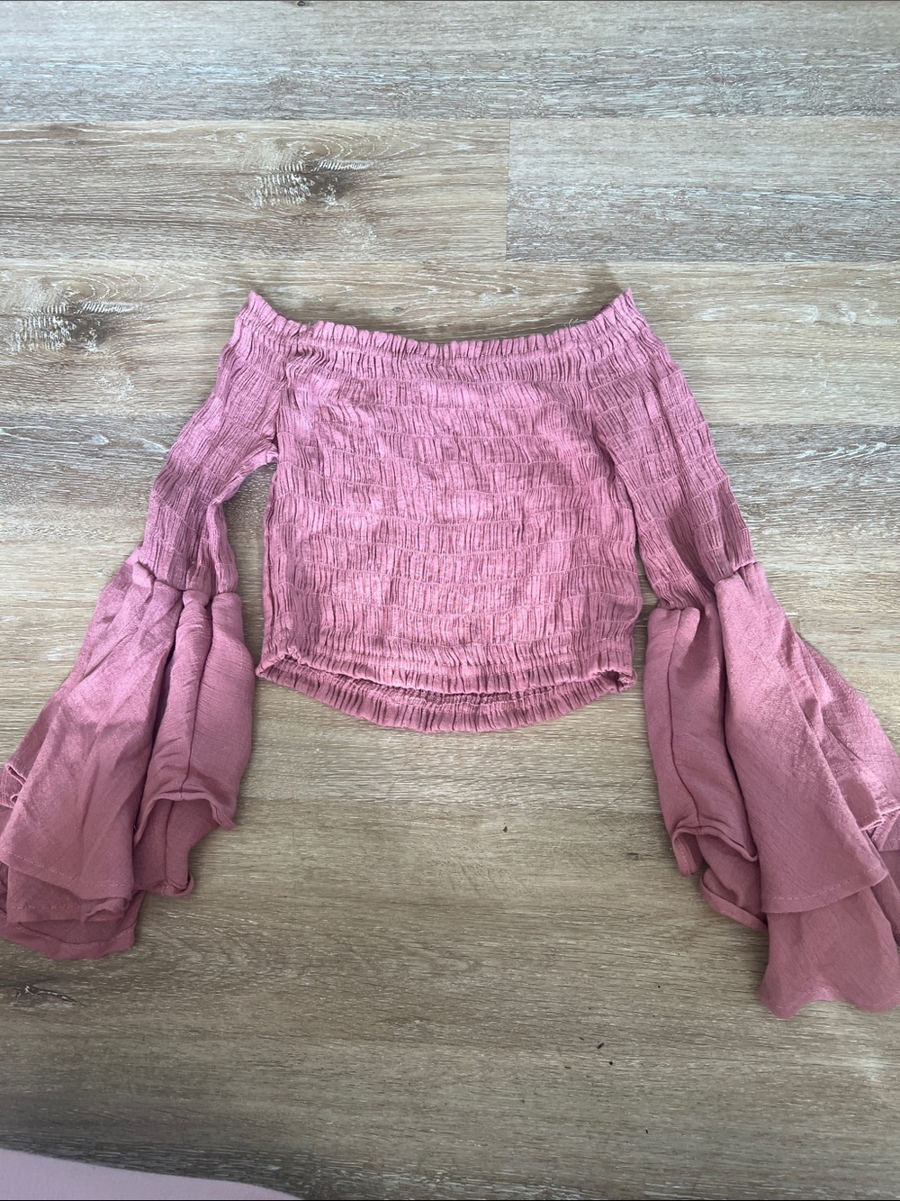FAVLUX Dusty Rose Off-Shoulder Smocked Bell-Sleeve Top